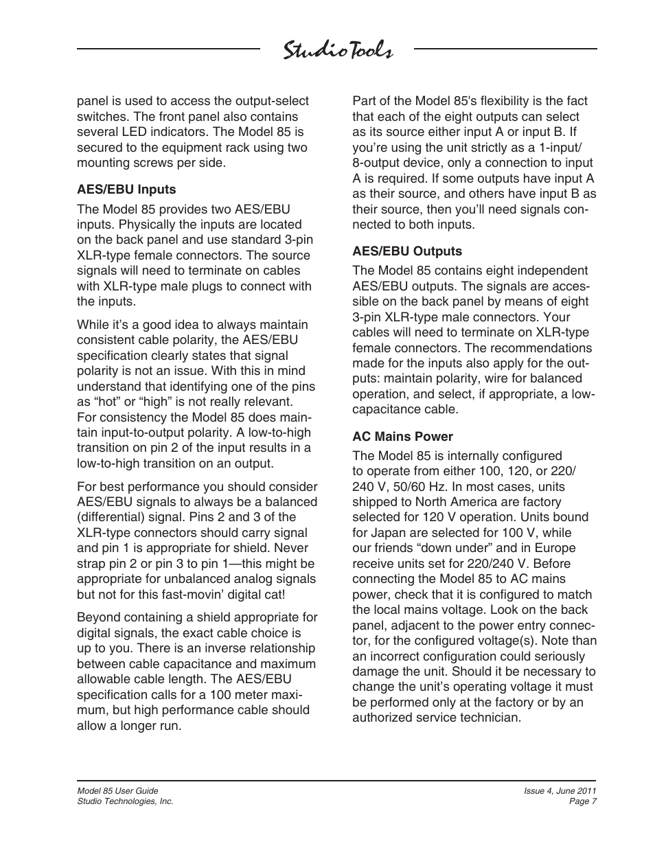 Studio Technologies 85 User Manual | Page 7 / 11