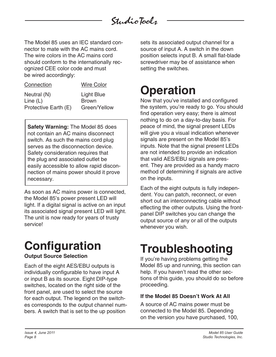 Configuration, Operation, Troubleshooting | Studio Technologies 85 User Manual | Page 8 / 11