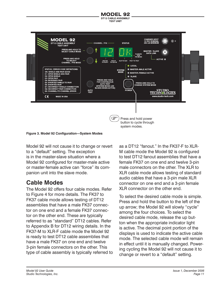 Cable modes | Studio Technologies 92 User Manual | Page 11 / 23