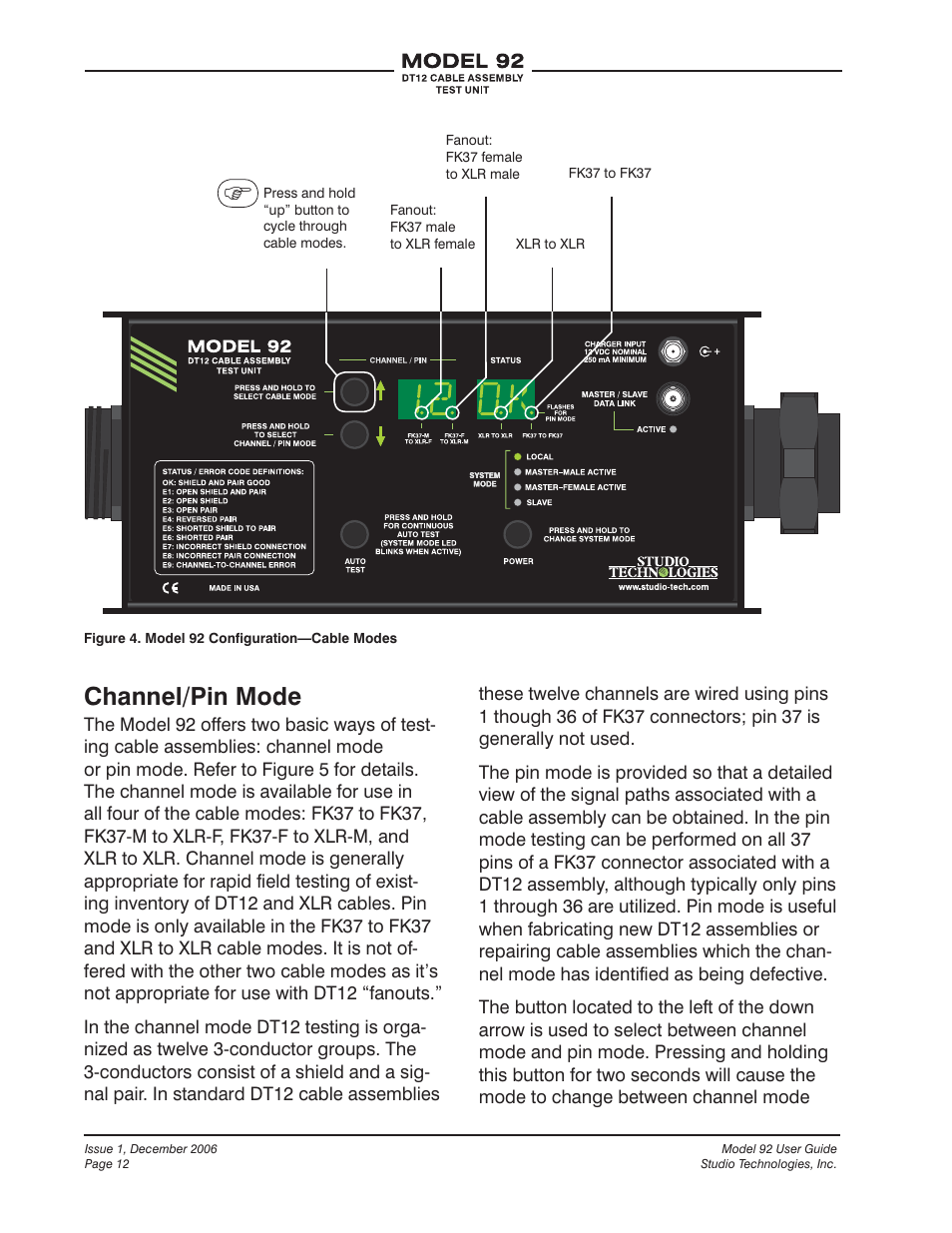 Channel/pin mode | Studio Technologies 92 User Manual | Page 12 / 23