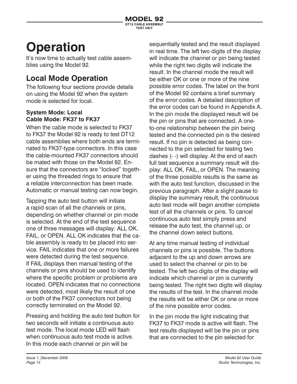 Operation, Local mode operation | Studio Technologies 92 User Manual | Page 14 / 23