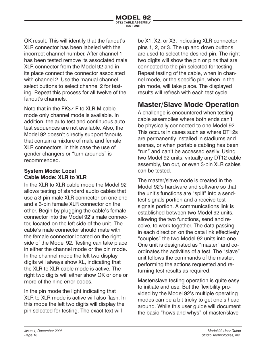 Master/slave mode operation | Studio Technologies 92 User Manual | Page 16 / 23