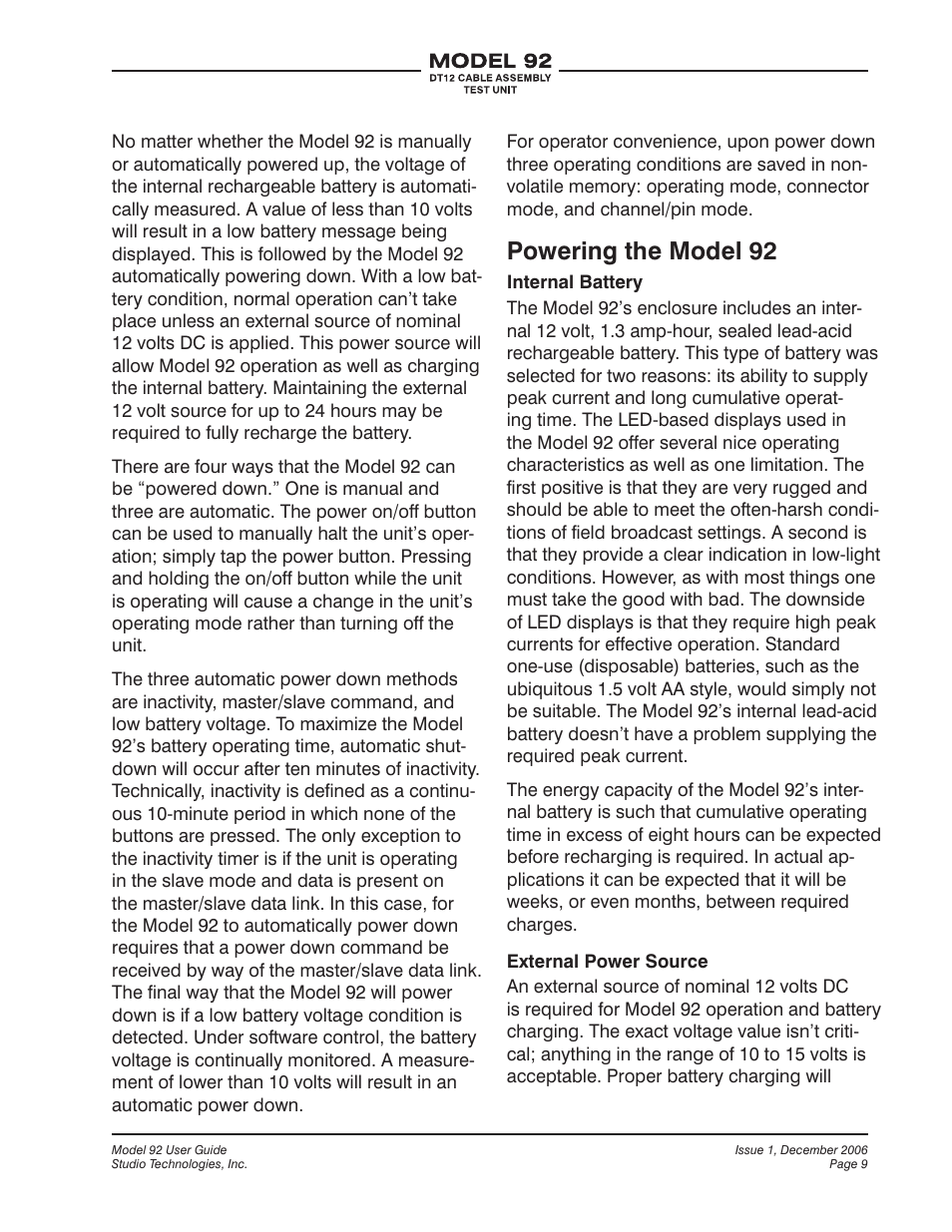 Powering the model 92 | Studio Technologies 92 User Manual | Page 9 / 23