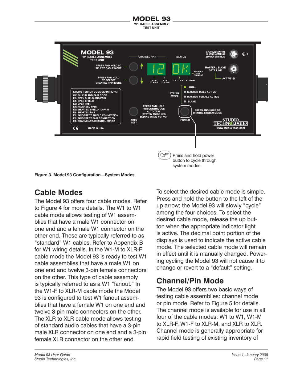 Cable modes, Channel/pin mode | Studio Technologies 93 User Manual | Page 11 / 23