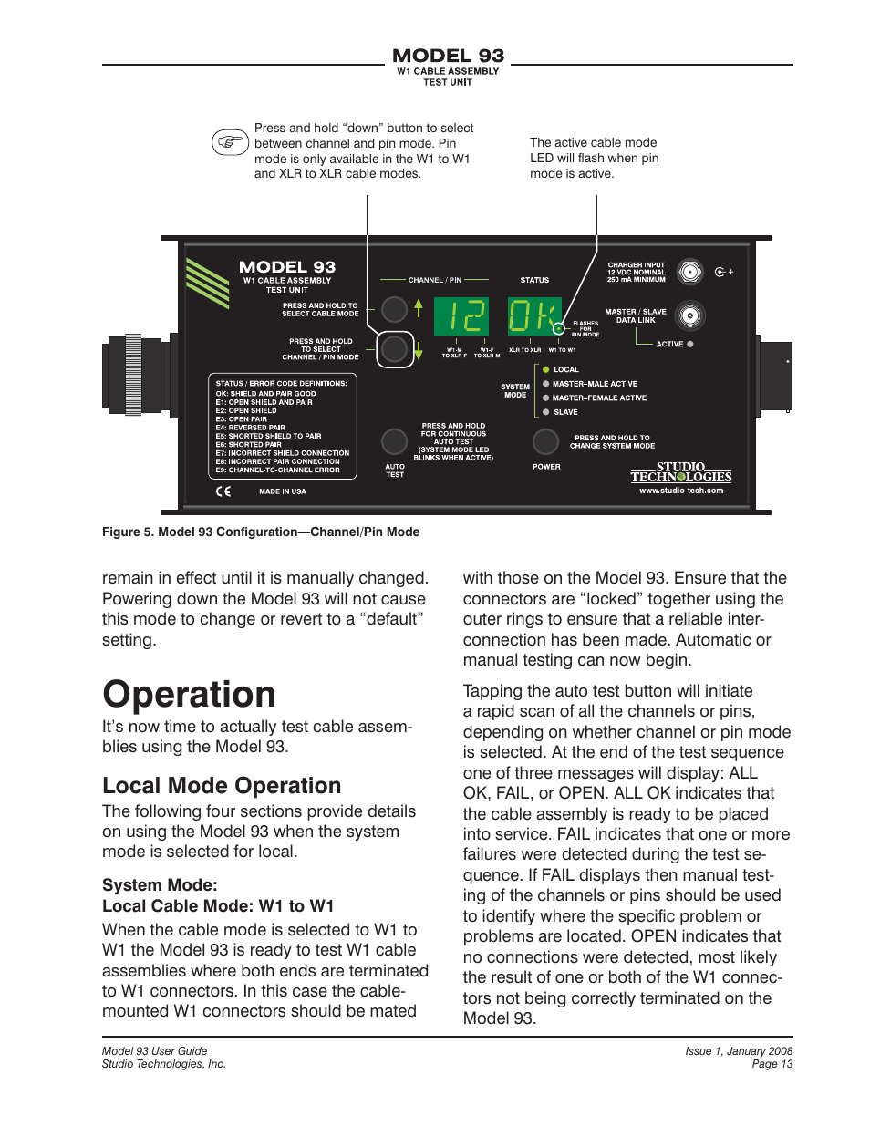 Operation, Local mode operation | Studio Technologies 93 User Manual | Page 13 / 23