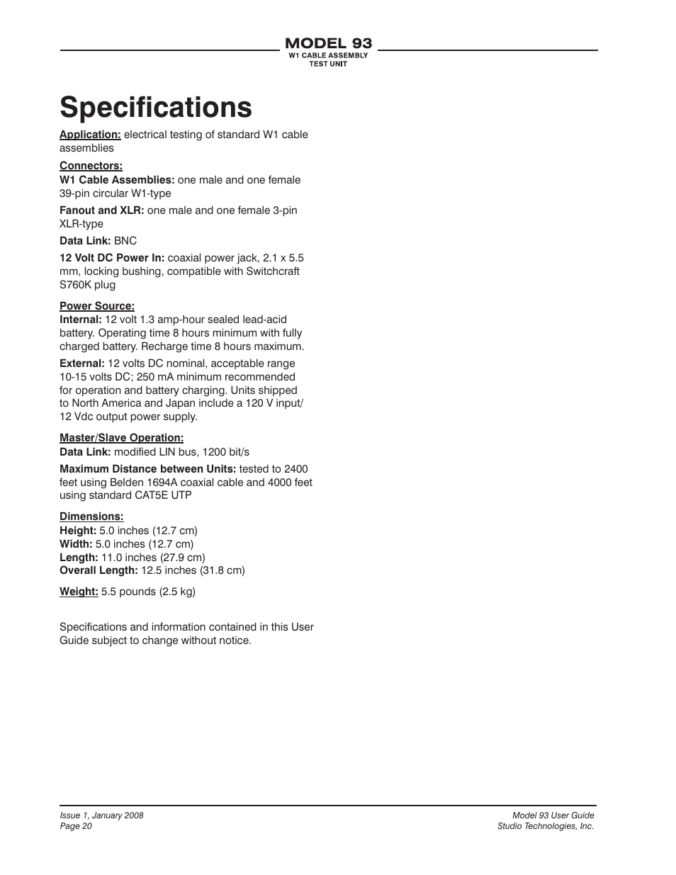 Specifications | Studio Technologies 93 User Manual | Page 20 / 23