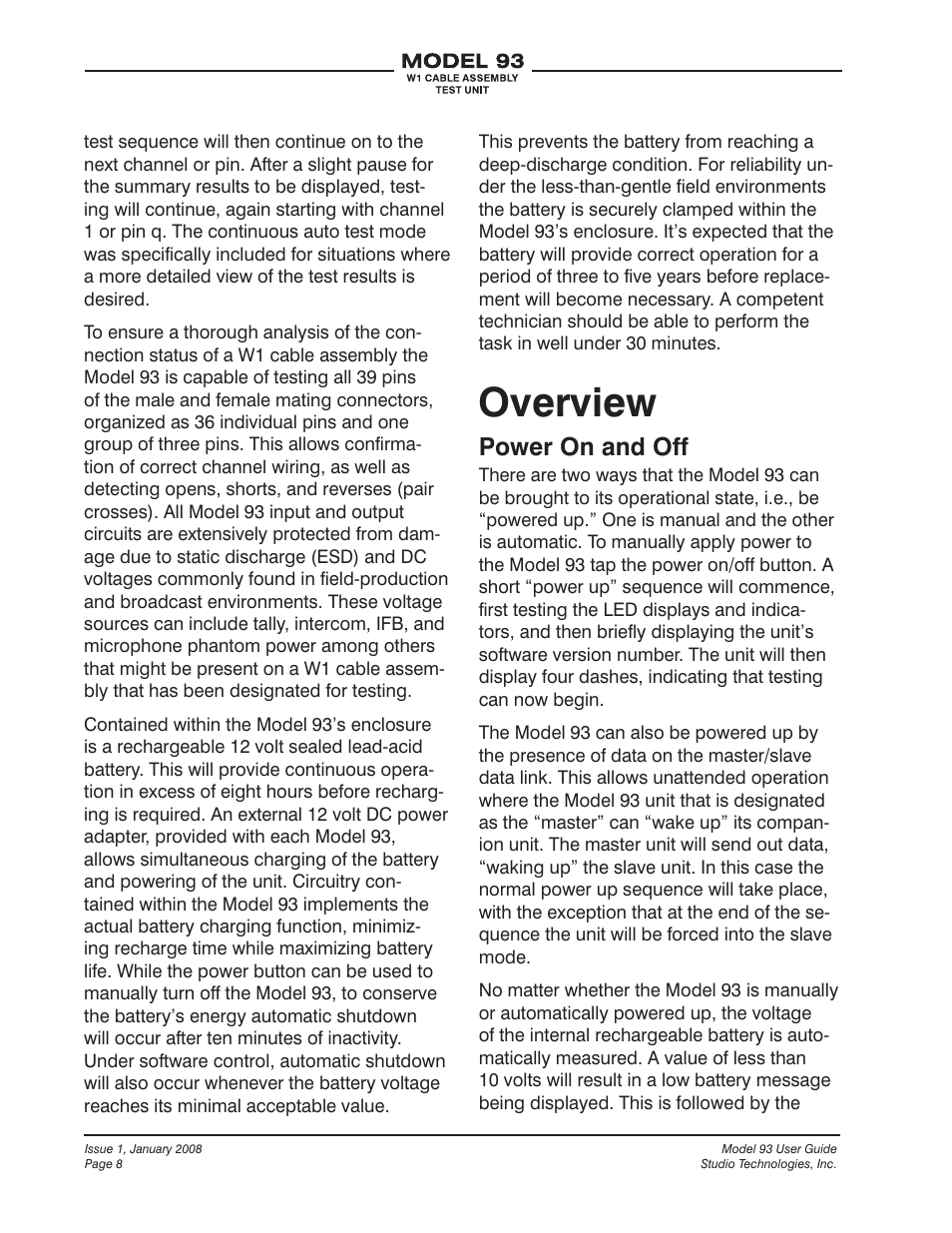 Overview, Power on and off | Studio Technologies 93 User Manual | Page 8 / 23