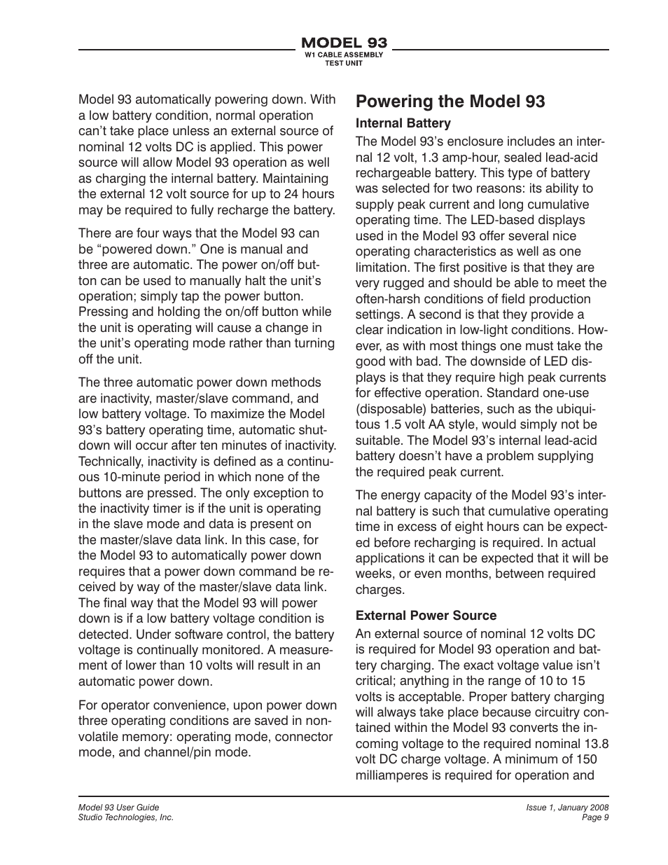 Powering the model 93 | Studio Technologies 93 User Manual | Page 9 / 23