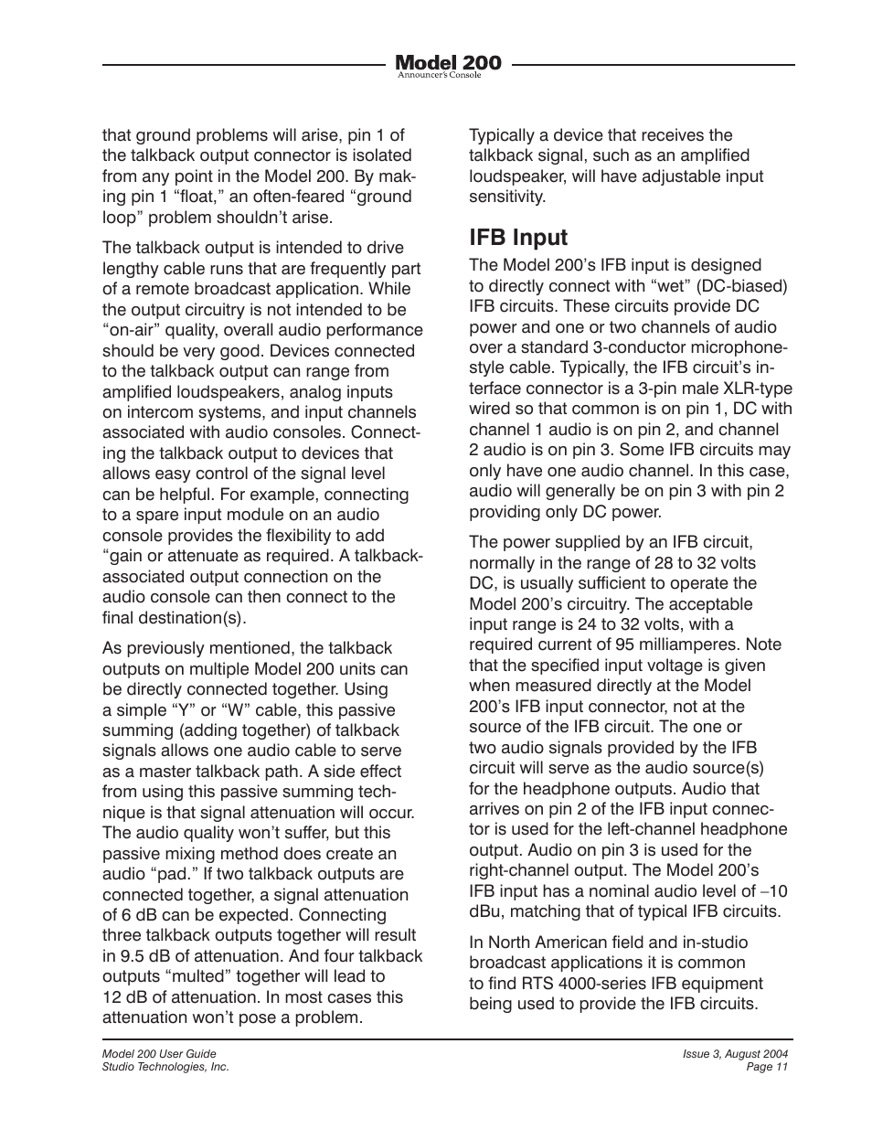 Ifb input | Studio Technologies 200 User Manual | Page 10 / 28