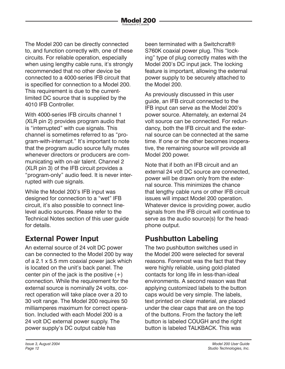 External power input, Pushbutton labeling | Studio Technologies 200 User Manual | Page 11 / 28