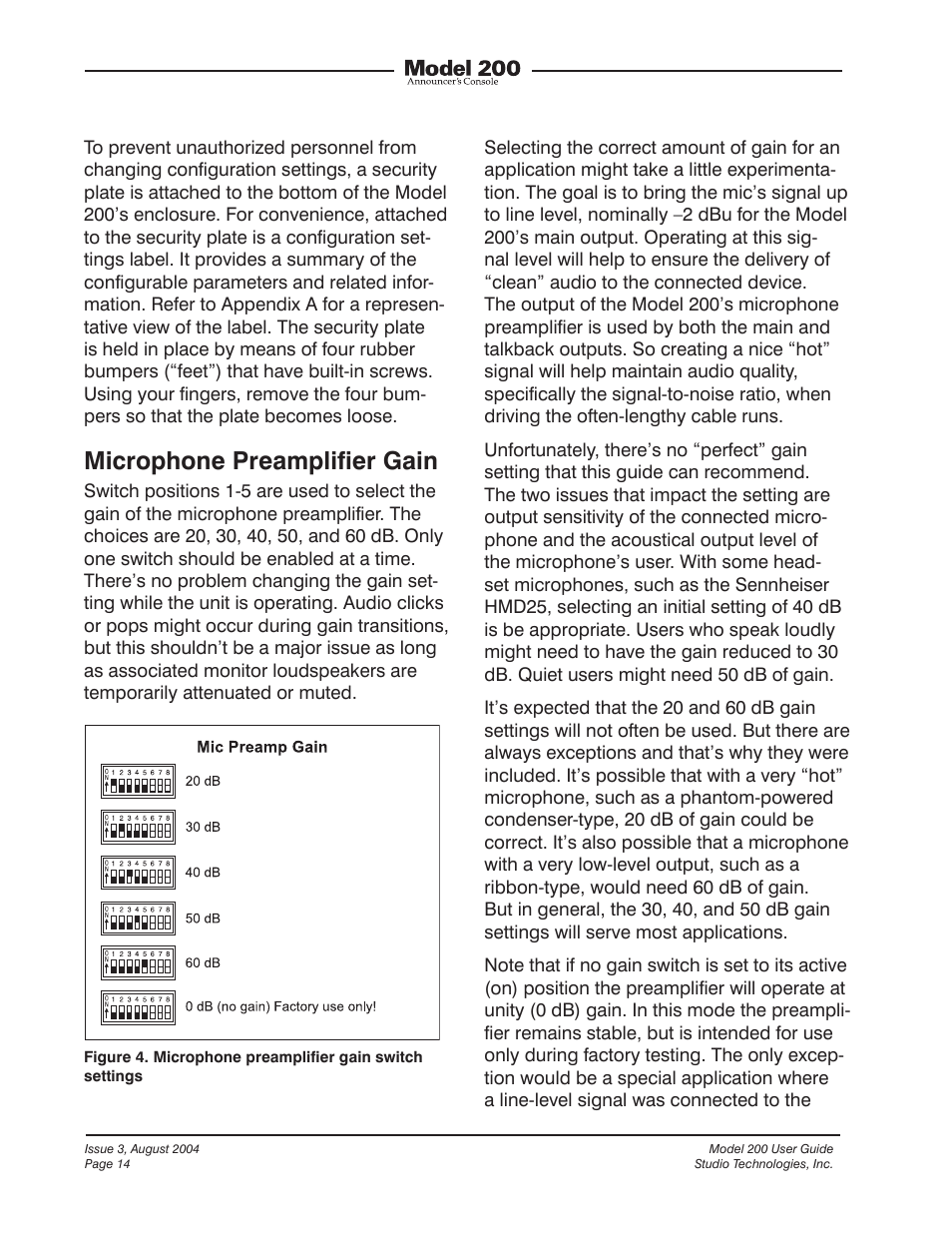 Microphone preamplifier gain | Studio Technologies 200 User Manual | Page 13 / 28