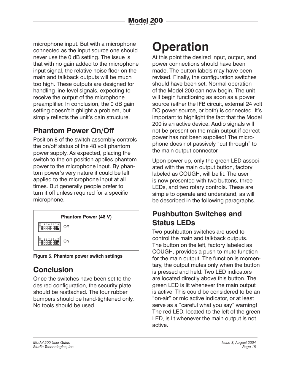 Operation, Phantom power on/off, Pushbutton switches and status leds | Conclusion | Studio Technologies 200 User Manual | Page 14 / 28