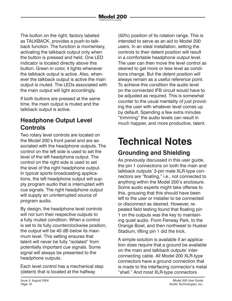 Headphone output level controls, Grounding and shielding | Studio Technologies 200 User Manual | Page 15 / 28