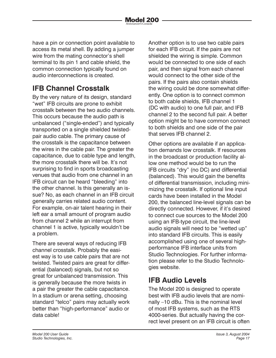 Ifb channel crosstalk, Ifb audio levels | Studio Technologies 200 User Manual | Page 16 / 28