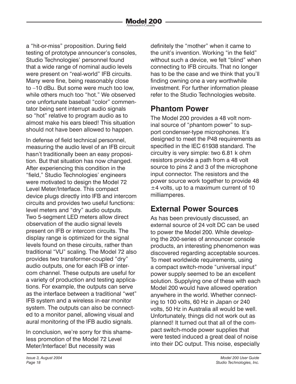 Phantom power, External power sources | Studio Technologies 200 User Manual | Page 17 / 28