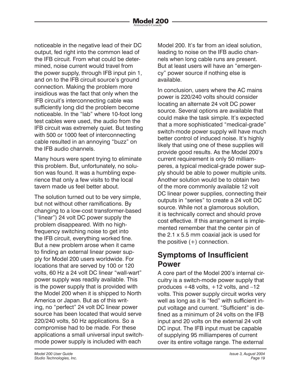 Symptoms of insufficient power | Studio Technologies 200 User Manual | Page 18 / 28