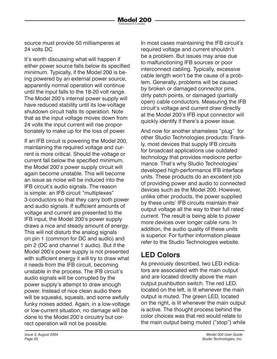 Led colors | Studio Technologies 200 User Manual | Page 19 / 28