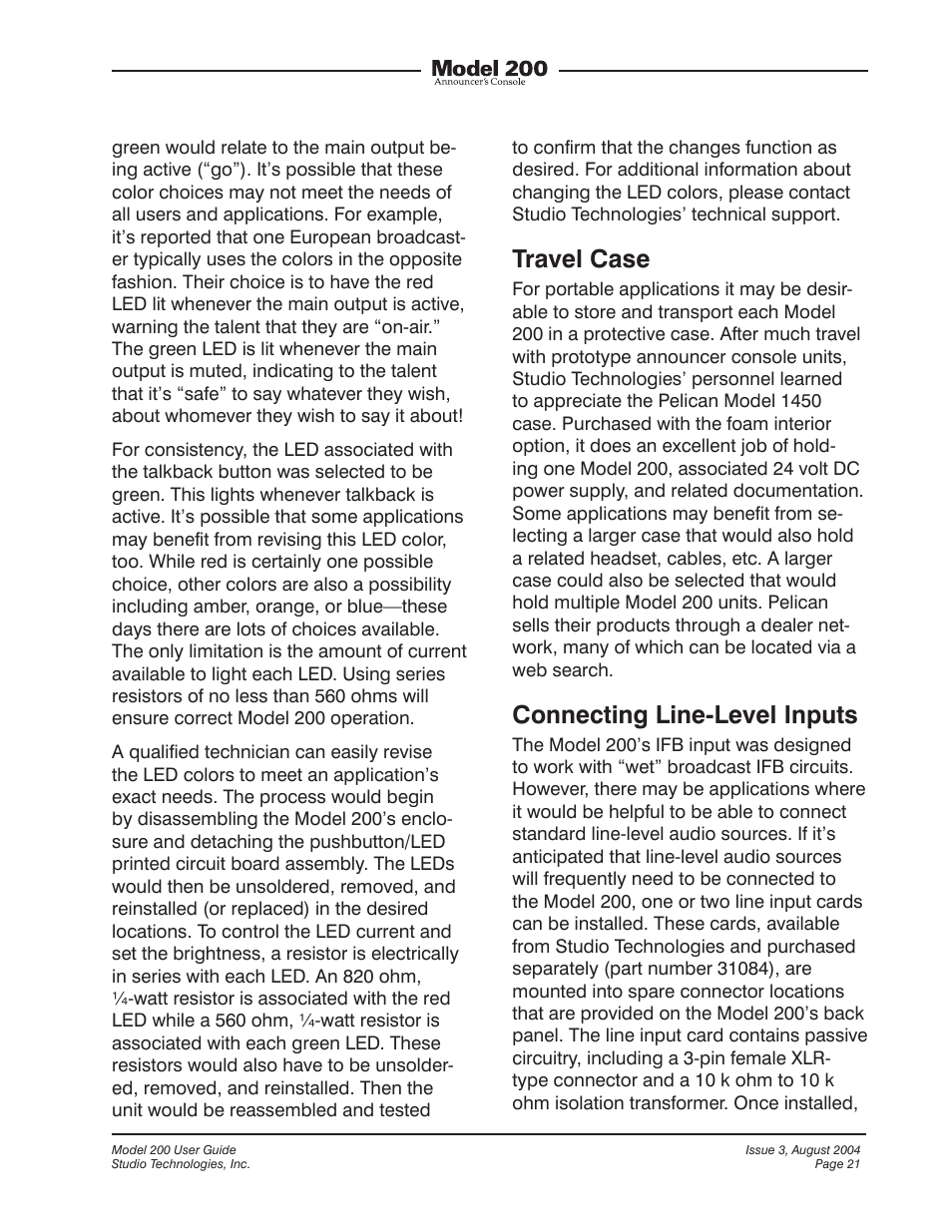 Travel case, Connecting line-level inputs | Studio Technologies 200 User Manual | Page 20 / 28