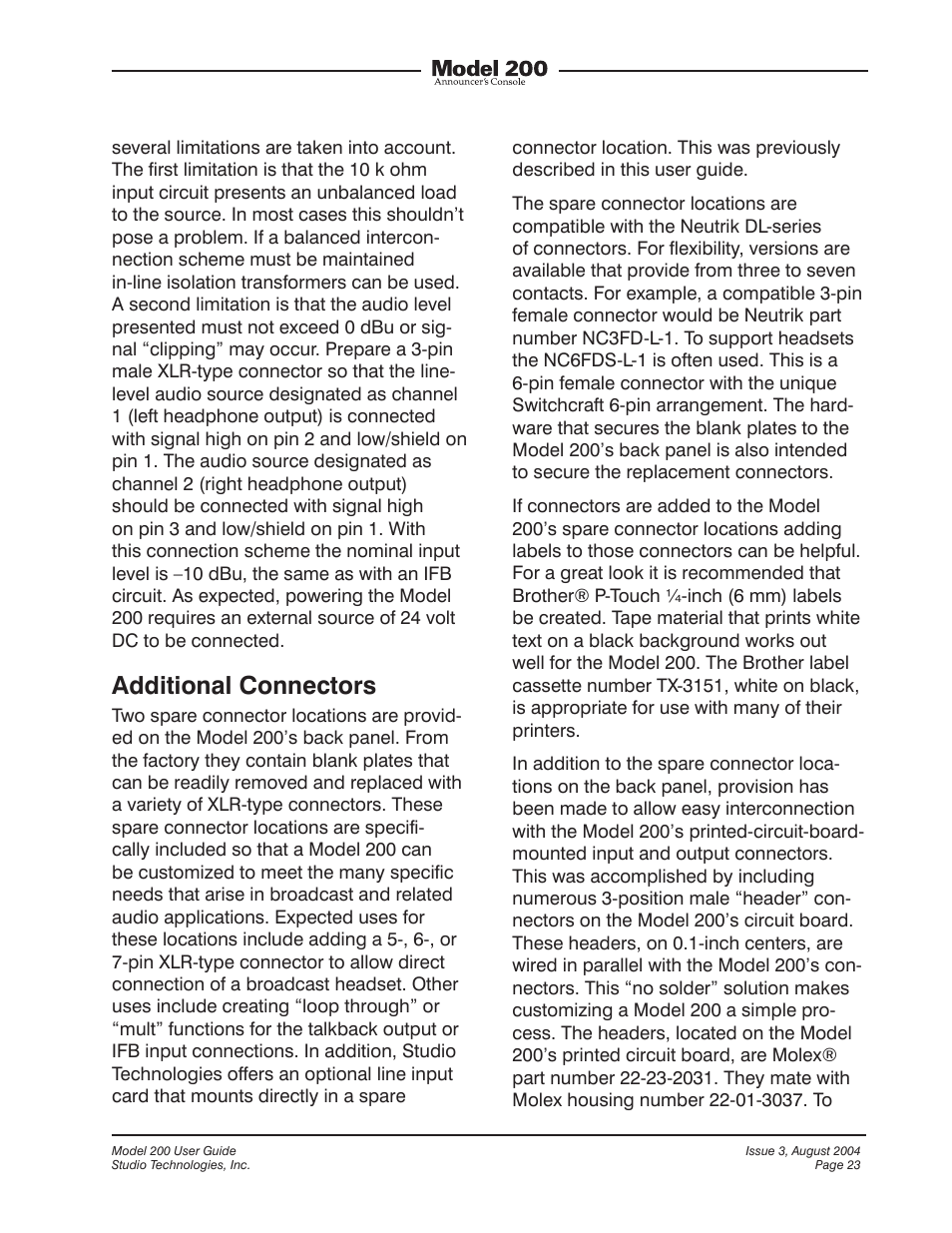 Additional connectors | Studio Technologies 200 User Manual | Page 22 / 28