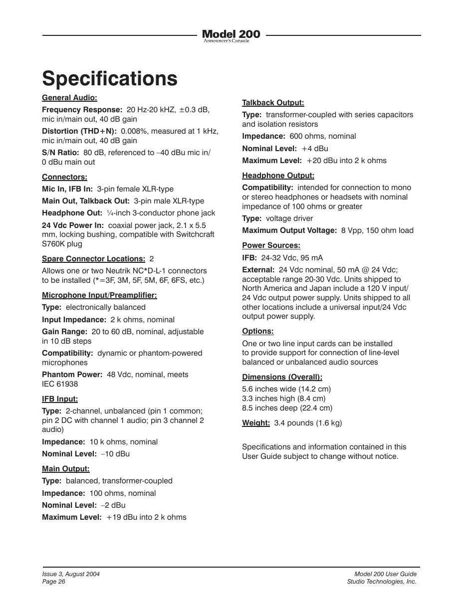 Specifications | Studio Technologies 200 User Manual | Page 25 / 28