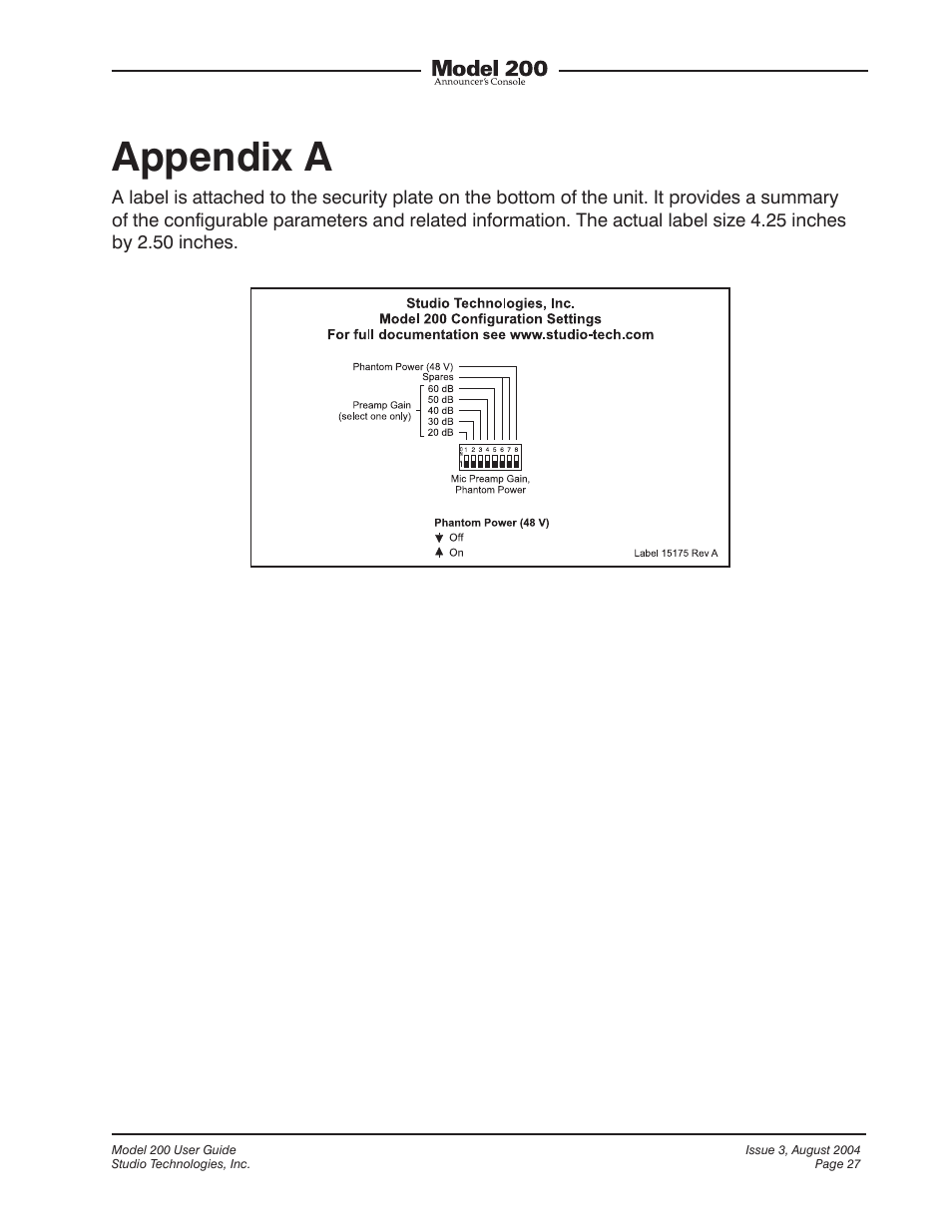Appendix a | Studio Technologies 200 User Manual | Page 26 / 28