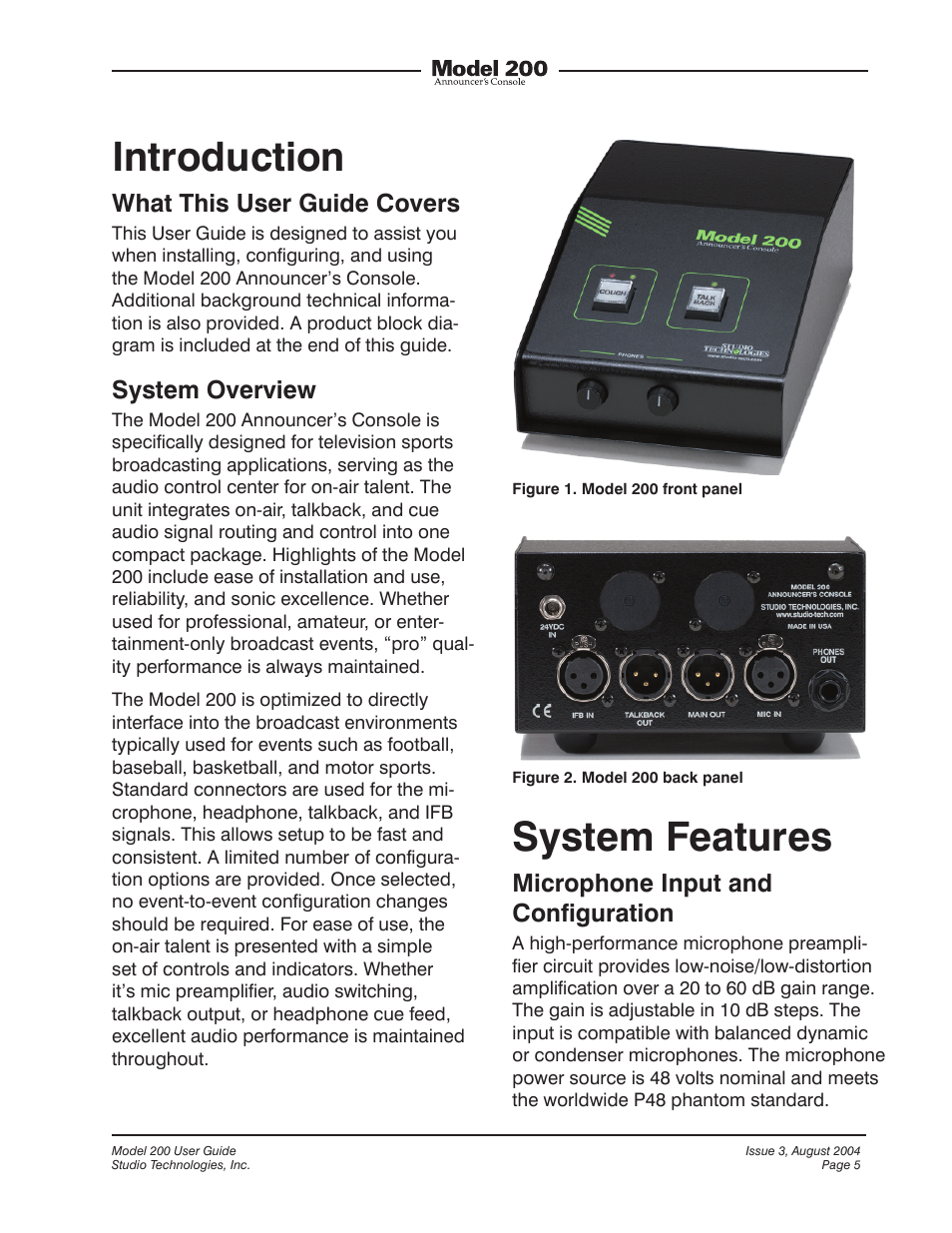 Introduction, System features, What this user guide covers | System overview, Microphone input and configuration | Studio Technologies 200 User Manual | Page 4 / 28