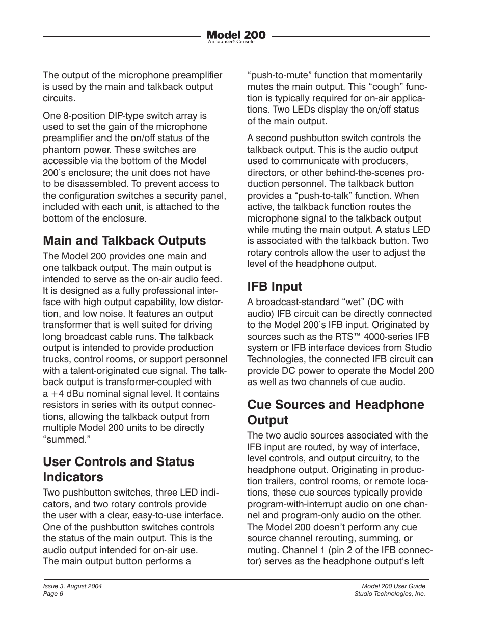 Main and talkback outputs, User controls and status indicators, Ifb input | Cue sources and headphone output | Studio Technologies 200 User Manual | Page 5 / 28