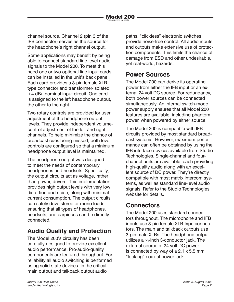 Audio quality and protection, Power sources, Connectors | Studio Technologies 200 User Manual | Page 6 / 28