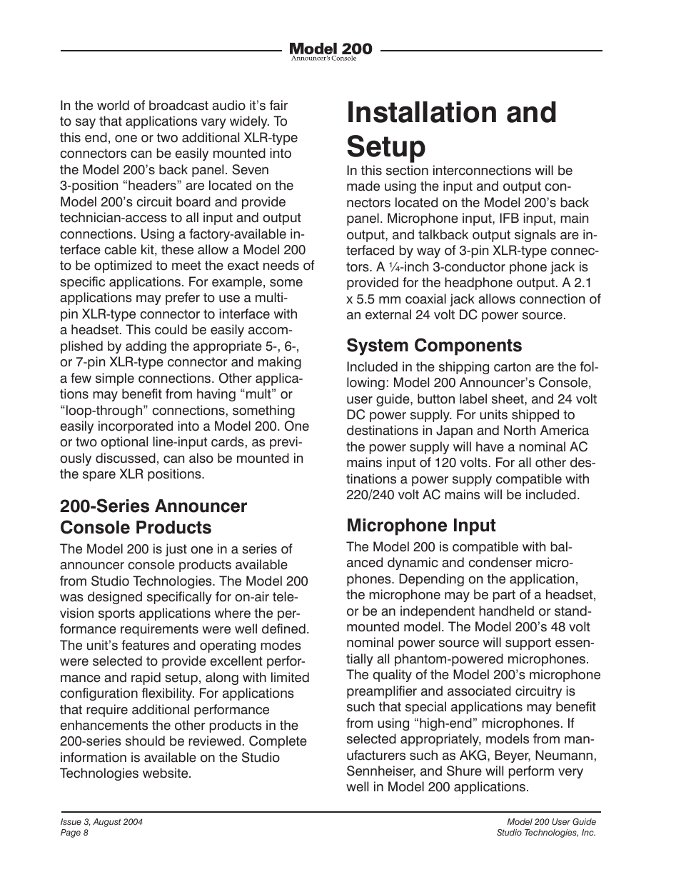 Installation and setup, Series announcer console products, System components | Microphone input | Studio Technologies 200 User Manual | Page 7 / 28
