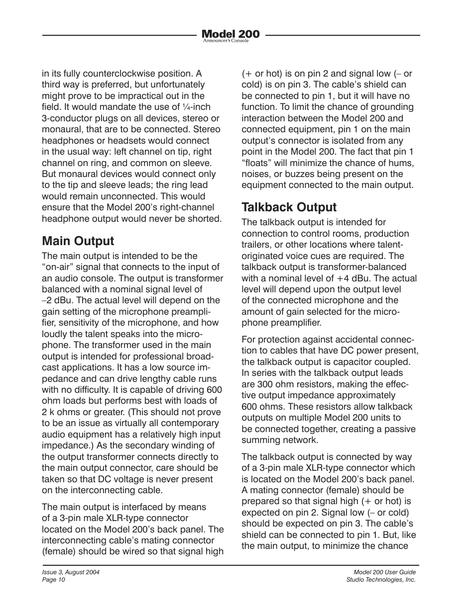 Main output, Talkback output | Studio Technologies 200 User Manual | Page 9 / 28