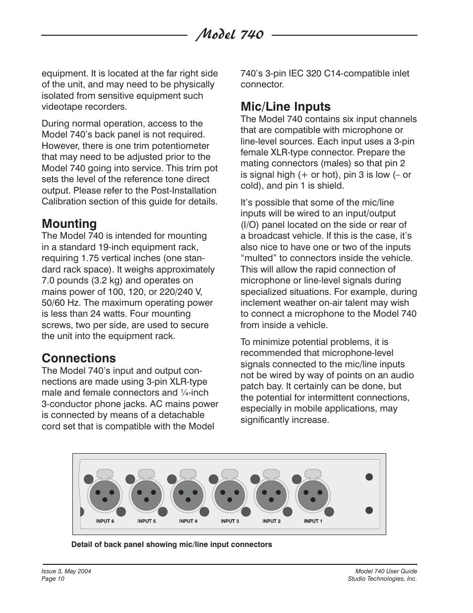 Model 740, Mic/line inputs, Mounting | Connections | Studio Technologies 740 User Manual | Page 10 / 27