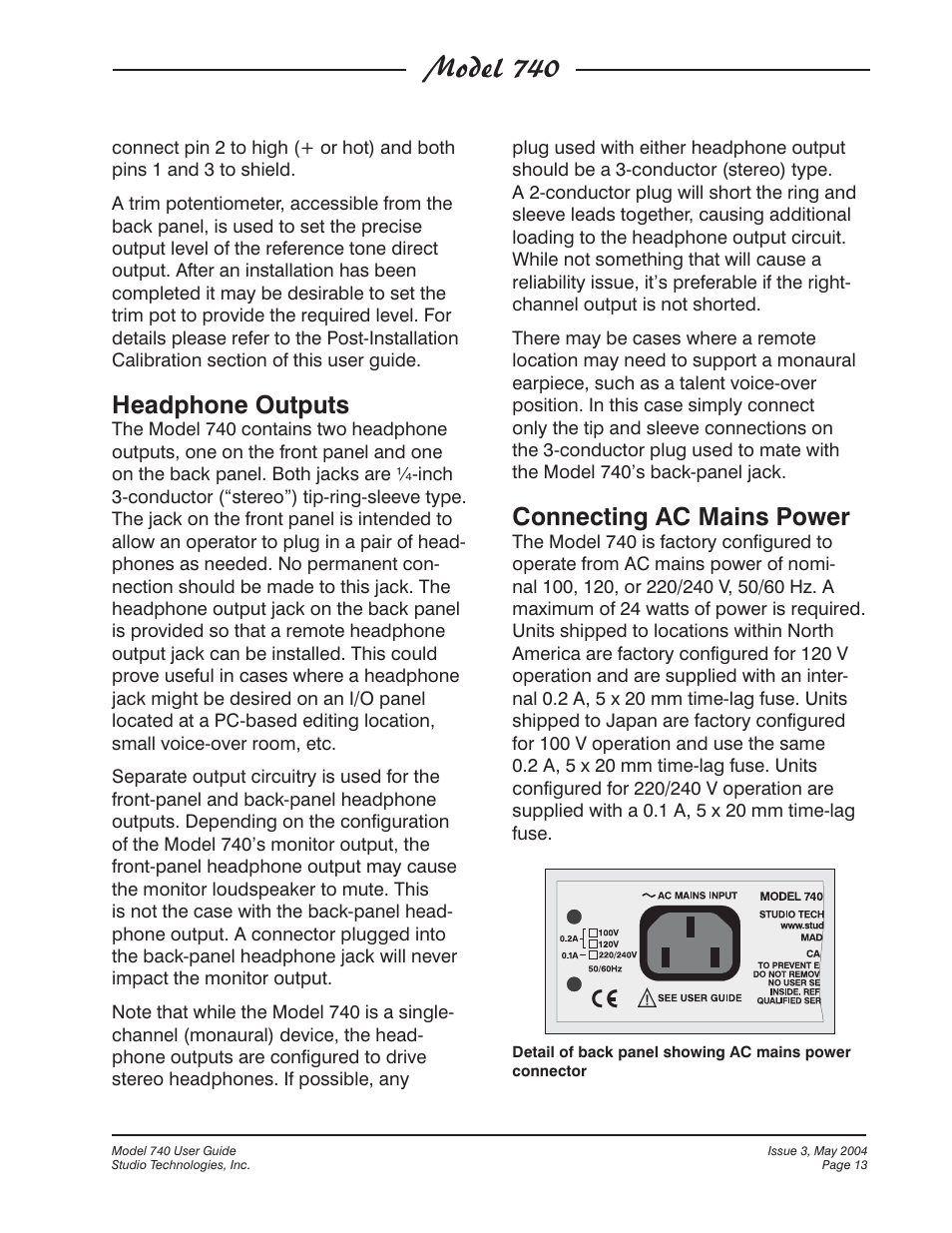 Model 740, Headphone outputs, Connecting ac mains power | Studio Technologies 740 User Manual | Page 13 / 27