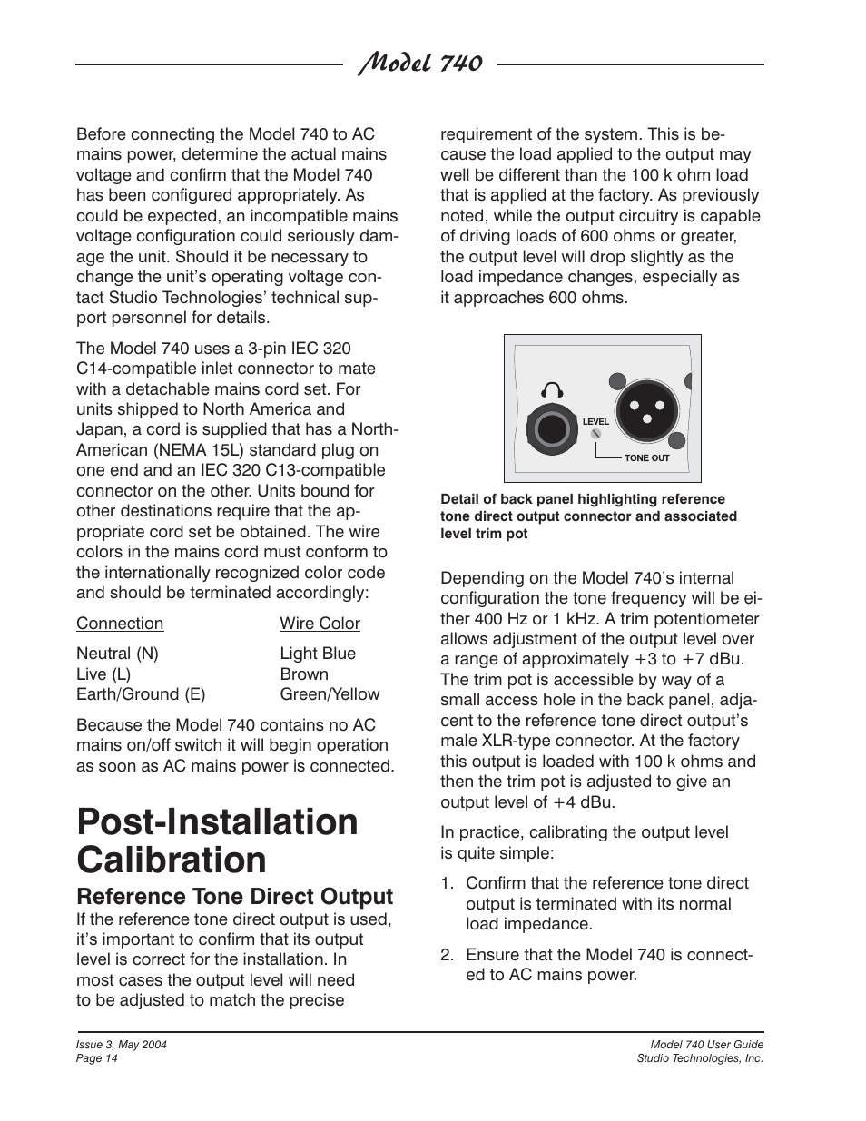 Post-installation calibration, Model 740, Reference tone direct output | Studio Technologies 740 User Manual | Page 14 / 27