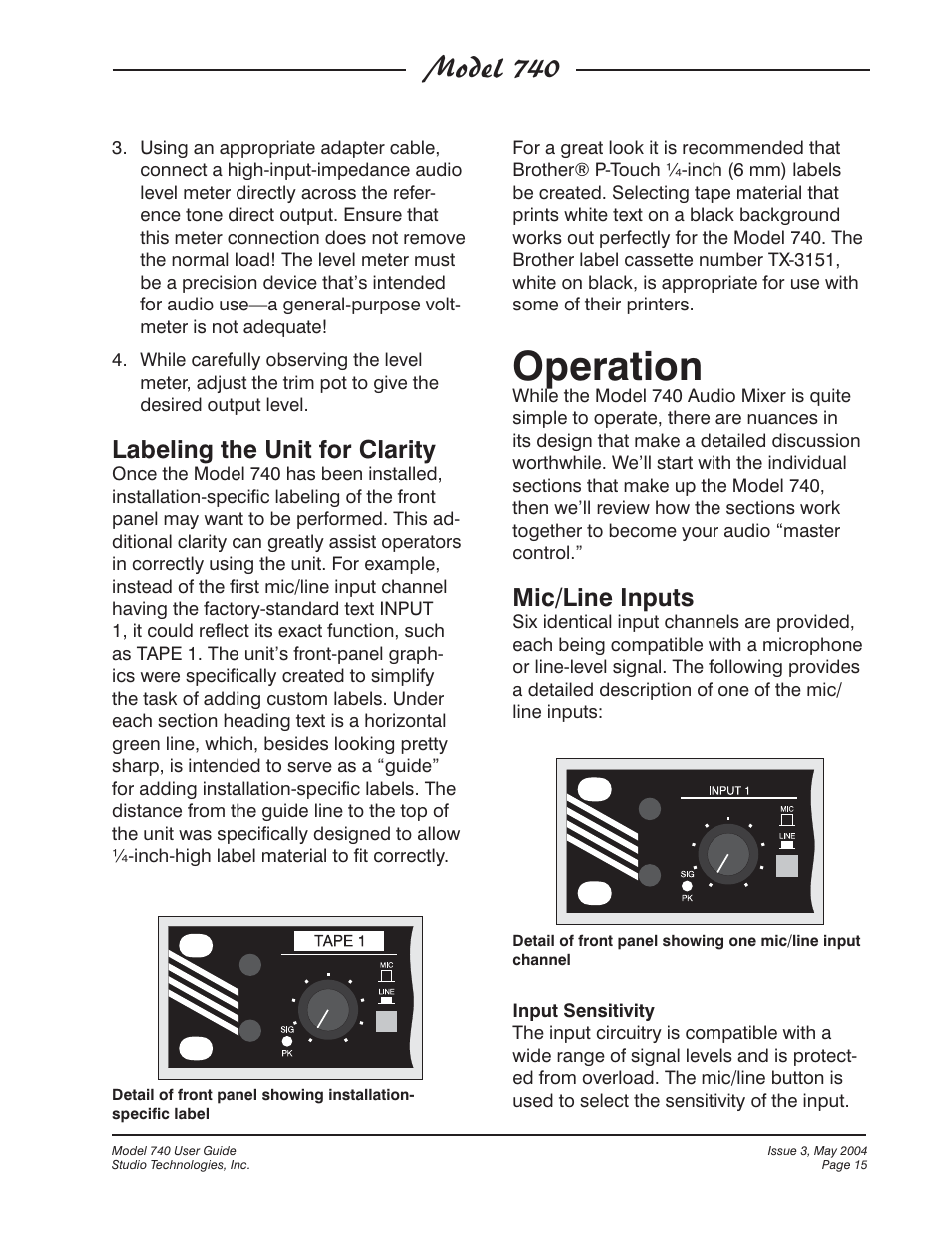 Operation, Model 740, Labeling the unit for clarity | Mic/line inputs | Studio Technologies 740 User Manual | Page 15 / 27