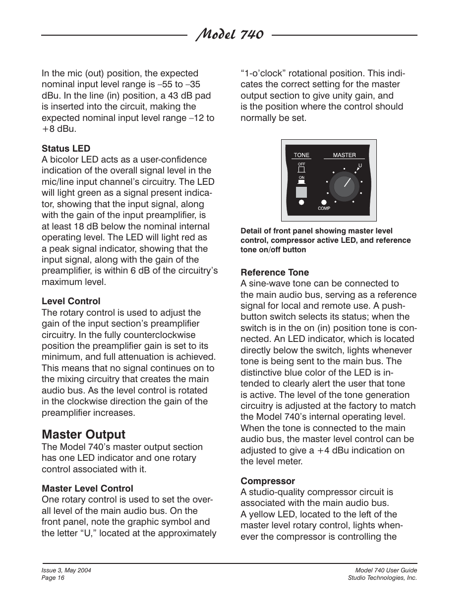 Model 740, Master output | Studio Technologies 740 User Manual | Page 16 / 27