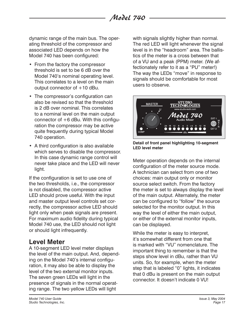 Model 740, Level meter | Studio Technologies 740 User Manual | Page 17 / 27