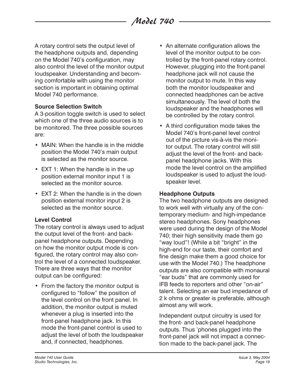 Model 740 | Studio Technologies 740 User Manual | Page 19 / 27