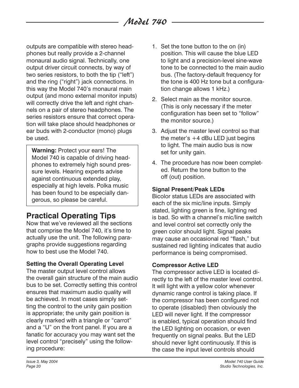 Model 740, Practical operating tips | Studio Technologies 740 User Manual | Page 20 / 27
