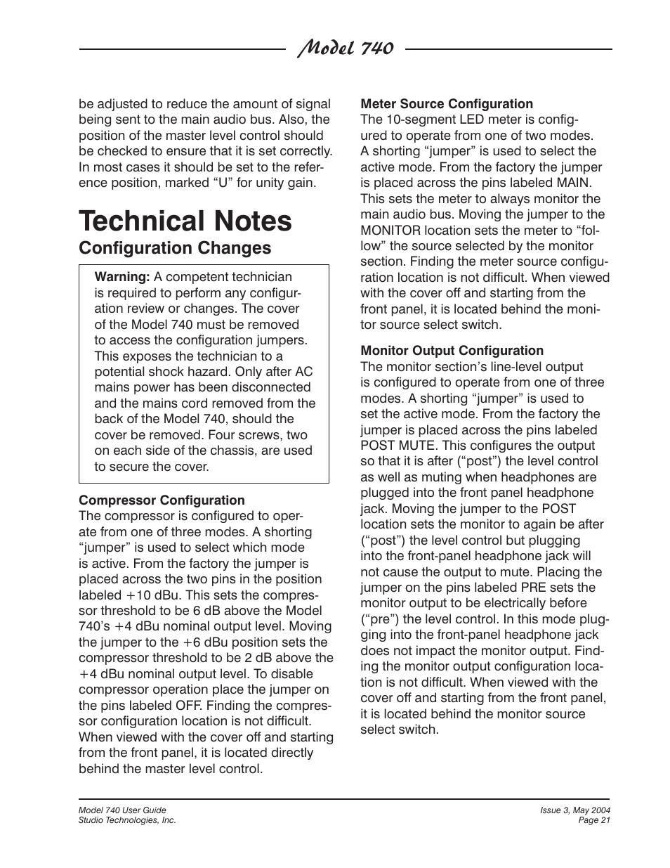 Technical notes, Model 740, Configuration changes | Studio Technologies 740 User Manual | Page 21 / 27