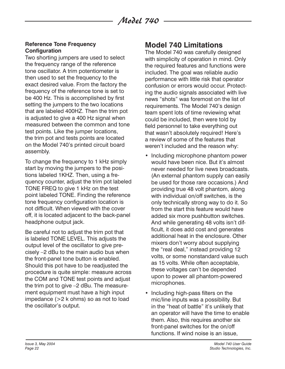 Model 740, Model 740 limitations | Studio Technologies 740 User Manual | Page 22 / 27