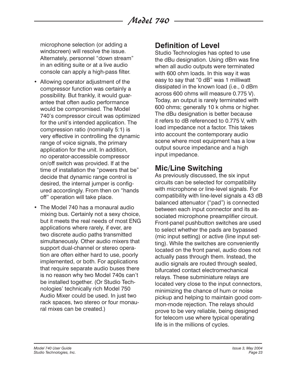 Model 740, Definition of level, Mic/line switching | Studio Technologies 740 User Manual | Page 23 / 27