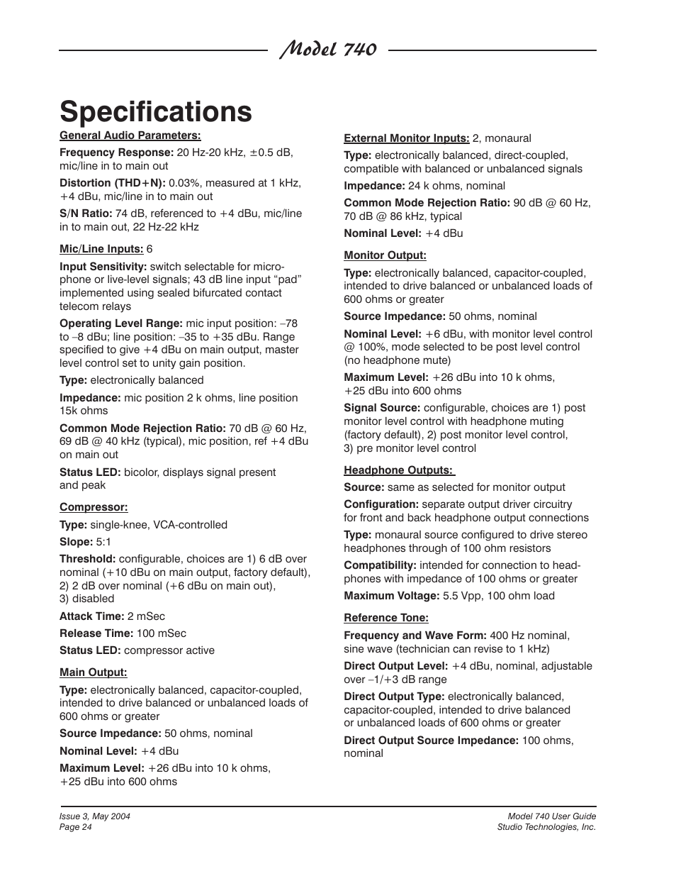 Specifications, Model 740 | Studio Technologies 740 User Manual | Page 24 / 27