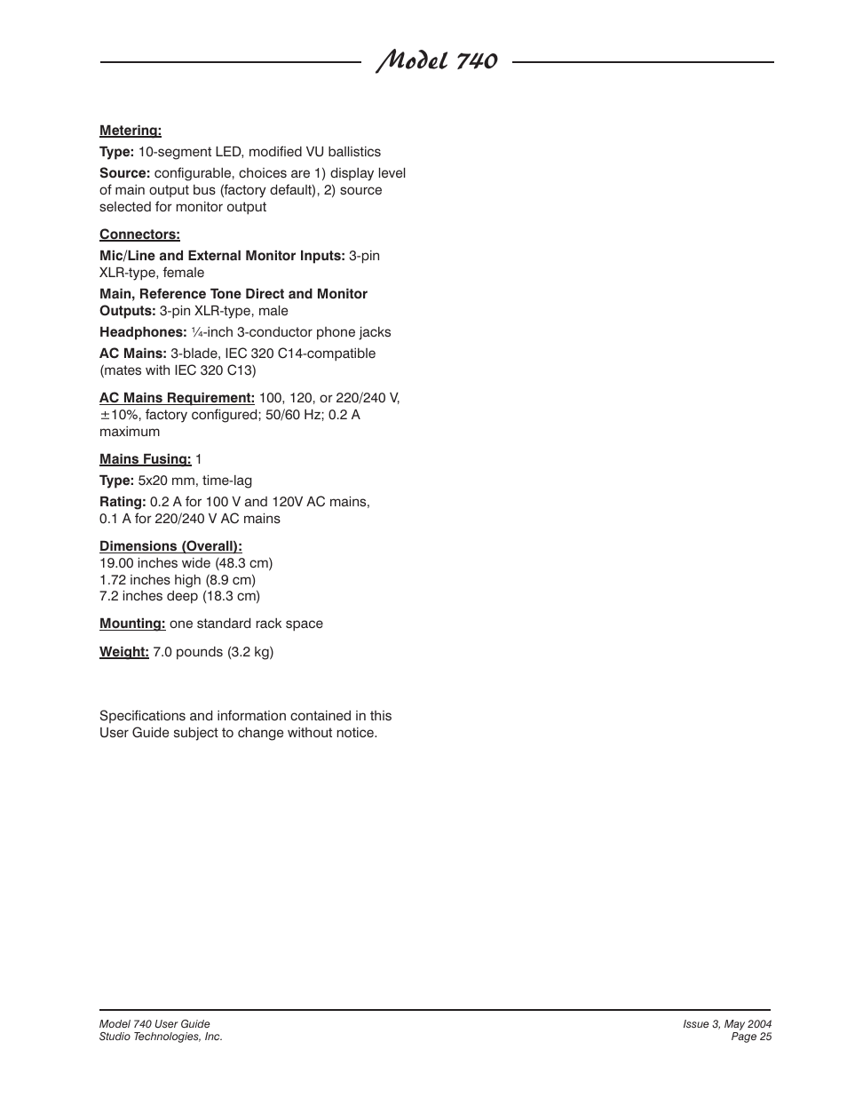 Model 740 | Studio Technologies 740 User Manual | Page 25 / 27