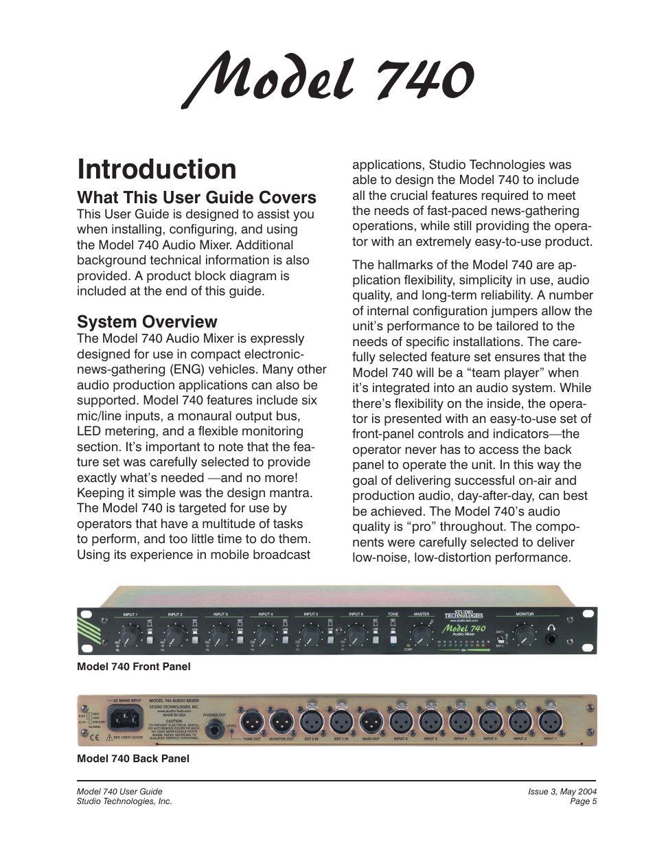 Introduction, Model 740 | Studio Technologies 740 User Manual | Page 5 / 27