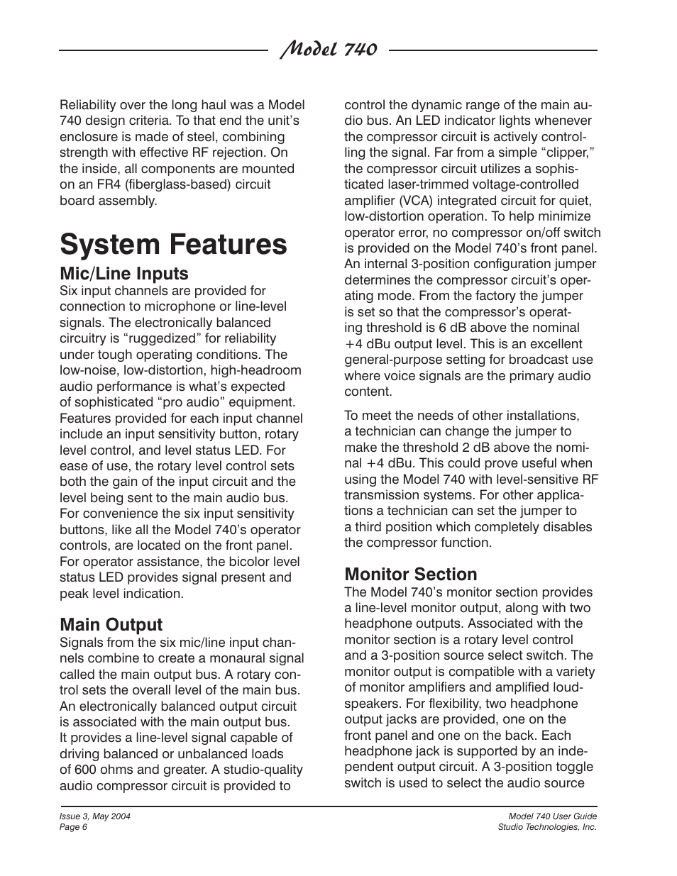 System features, Model 740, Mic/line inputs | Main output | Studio Technologies 740 User Manual | Page 6 / 27