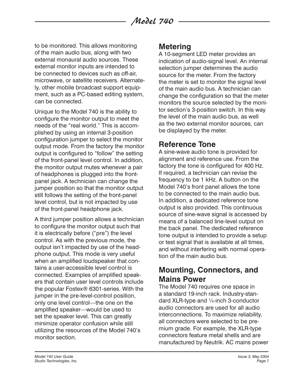 Model 740, Metering, Reference tone | Mounting, connectors, and mains power | Studio Technologies 740 User Manual | Page 7 / 27