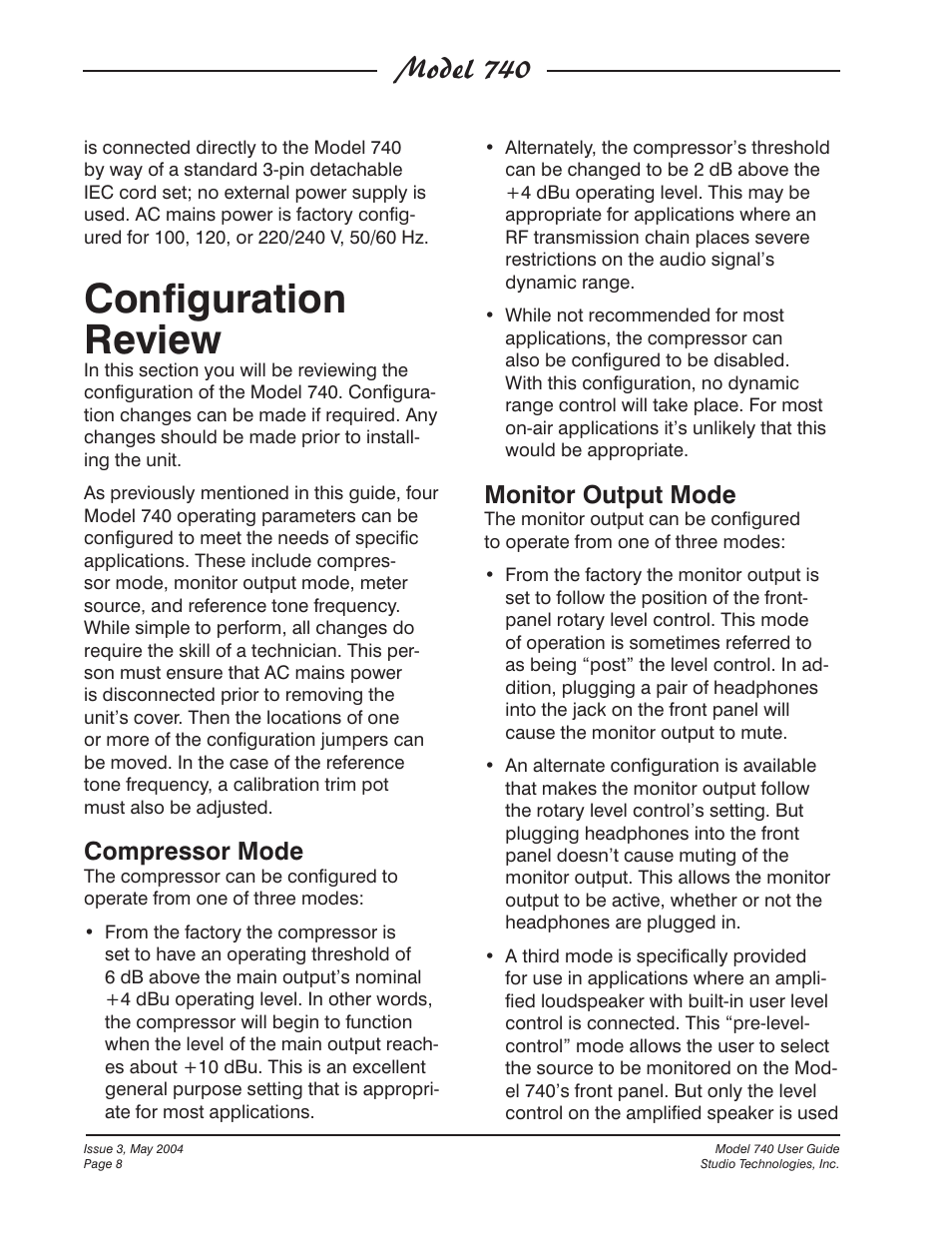 Configuration review, Model 740, Compressor mode | Monitor output mode | Studio Technologies 740 User Manual | Page 8 / 27