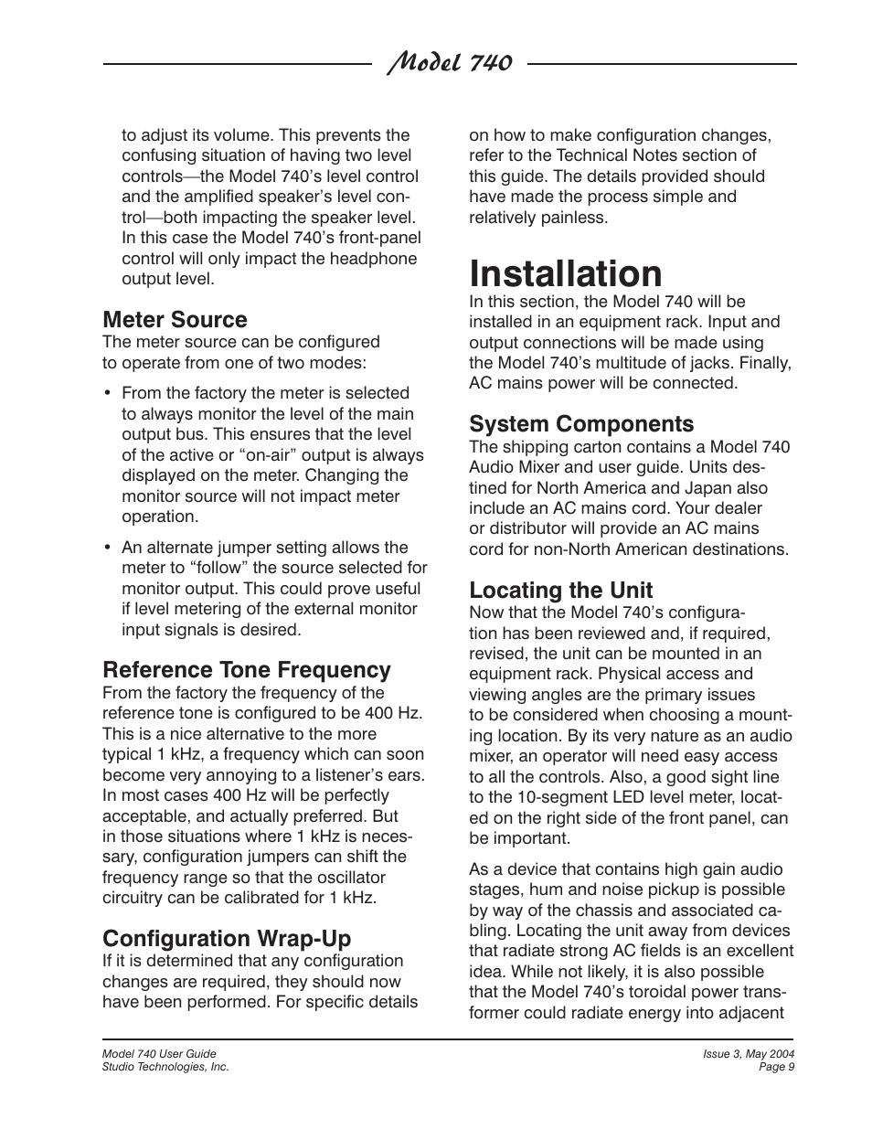 Installation, Model 740, Meter source | Reference tone frequency, Configuration wrap-up, System components, Locating the unit | Studio Technologies 740 User Manual | Page 9 / 27
