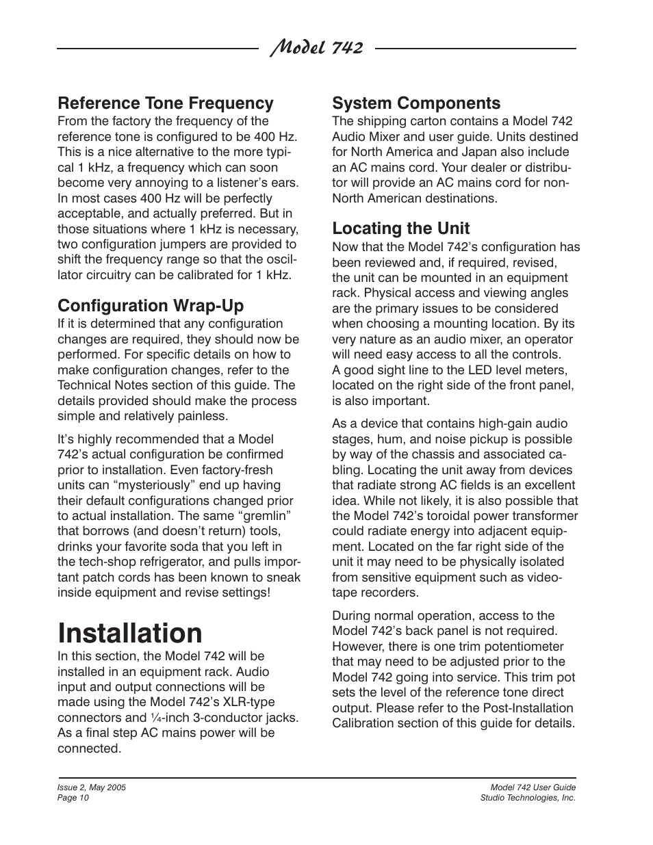 Installation, Model 742, Reference tone frequency | Configuration wrap-up, System components, Locating the unit | Studio Technologies 742 2005 User Manual | Page 10 / 31