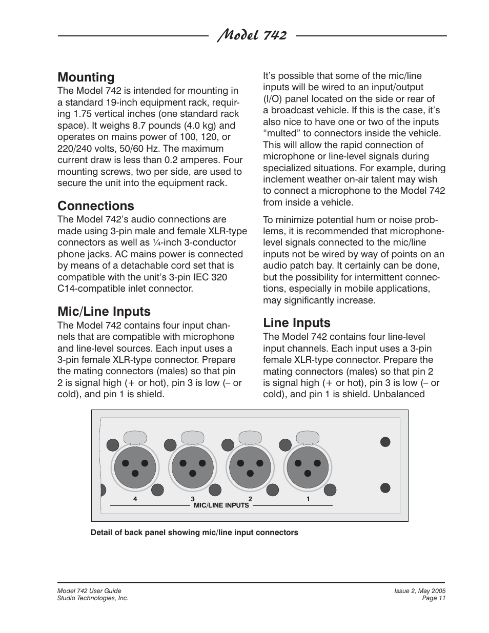 Model 742, Mounting, Connections | Mic/line inputs, Line inputs | Studio Technologies 742 2005 User Manual | Page 11 / 31
